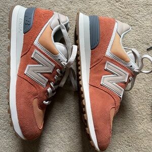 New Balance 574, size 8.5, orange and grey